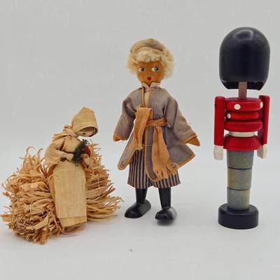 Vintage Wooden Soldier Stacking Toys & (2) Dolls
