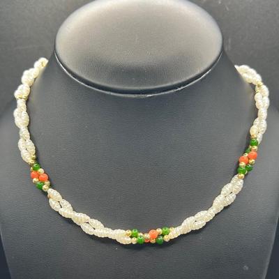 Vintage Faux Pearl Jewelry Necklace with Coral & Green Accents