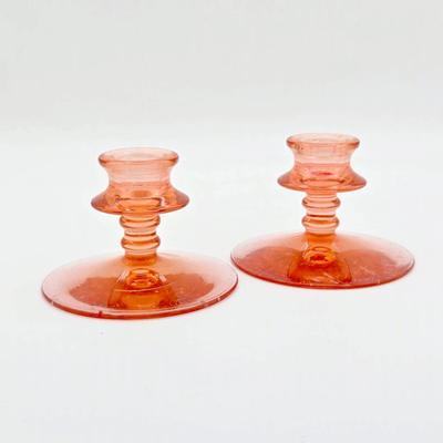 (2) Pink Depression Glass Candlestick Holders
