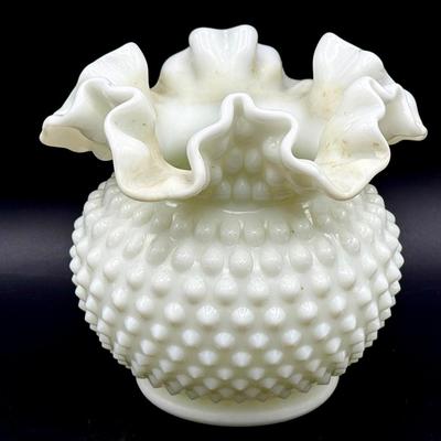 Milk Glass Hobnail Ruffled Vase