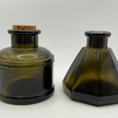 (2) 3” Vtg Japanese Green Glass Bottles with Corks