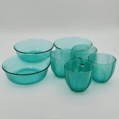 (4) Arcoroc Turquoise Herringbone Cups & (3) Bowls