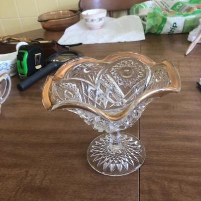 Sale Photo Thumbnail #50: Antique Imperial Glass footed jelly dish, hobstar pattern with gold trim