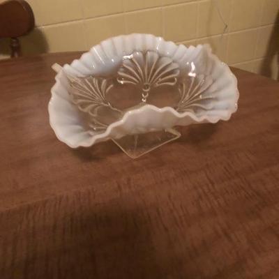 Sale Photo Thumbnail #26: Antique Jefferson Glass white blue opalescent ruffled candy dish