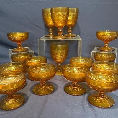 Vintage Tiara Amber Sandwich Glass Sherbet Dishes And Goblets 