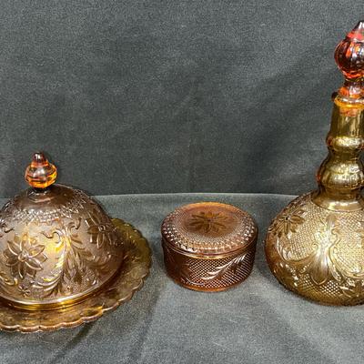 Amber Tiara Glass Set – Butter Dish, Powder Dish & Decanter