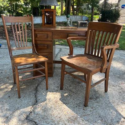 Wooden Desk, 2 Chairs, 1 Lamp, Alarm Clock 