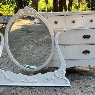 Antique White Dresser With Ornate Vanity Mirror