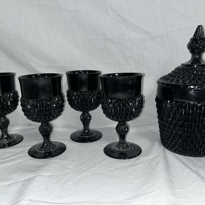 Tiara Exclusives Black Glass – (4) Cameo Goblets + Lidded Ice Bucket
