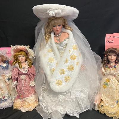 28" Porcelain Bride Doll + (3) 16" China Dolls w/ Stands