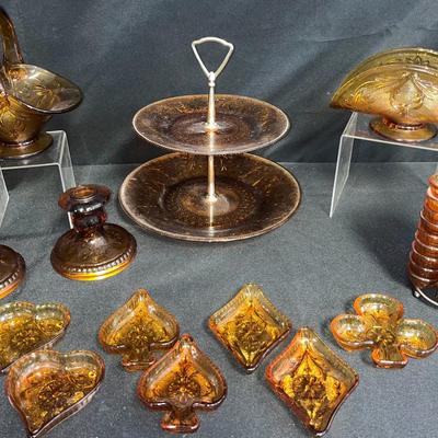 Amber Tiara Glass Collection – Basket, Serving Stand, Napkin Holder, Candle Holders & Trinket Dishes