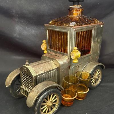 Vintage 1918 Ford Model Amber C. W. Decanter Music Box With 4 Shot Glasses 