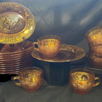 Set Of 12 Vintage Tiara Amber Sandwich Glass Snack Sets
