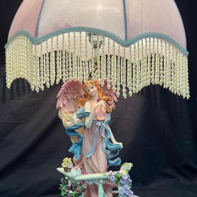 Casinelli Lareaux Angel Angel Statue Table Lamp With Pink Beaded Dome Shade