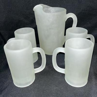 Tiara Frosted Glass Pitcher, And (4) Mugs 