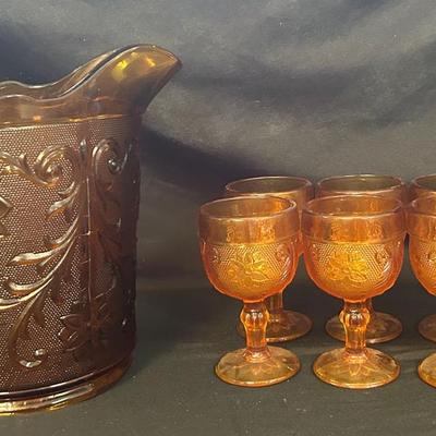 TIARA Sandwich Amber (Collection) Pitcher & Set Of 8 Wine Glasses