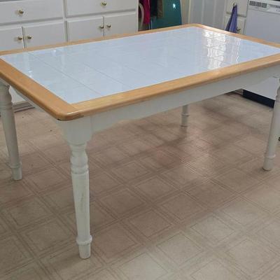White Tile Top Kitchen Table With Light Wood Edge And White Wood Legs