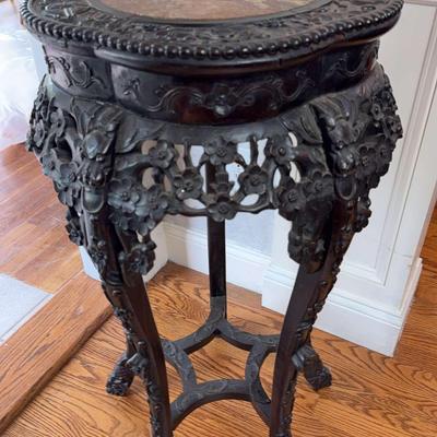 Antique Chinese Carved Hardwood Stand / Table with Marble Inset – 32"