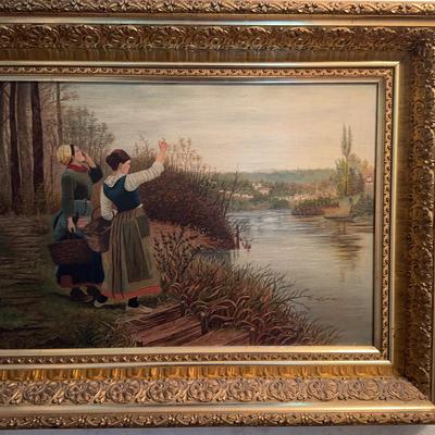 Two Girls By River. Oil on canvas.