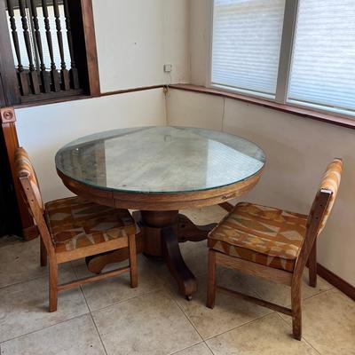 Vintage Solid Wood Round Table With Glass Top & 2 Chairs