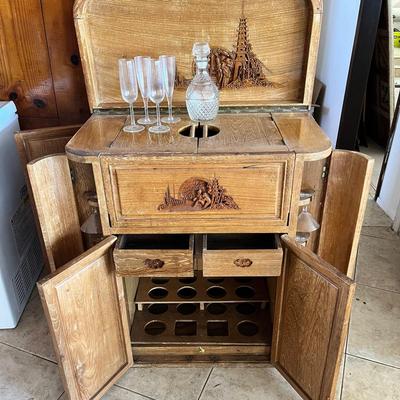 Vintage Handcarved Wood Bar Cabinet From Panama