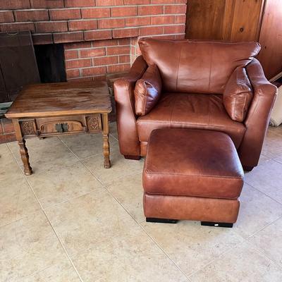 Faux Leather Chair & Ottoman With Side Table