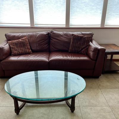 Brown Faux Leather Couch + Oval Glass & Wood Coffee Table 