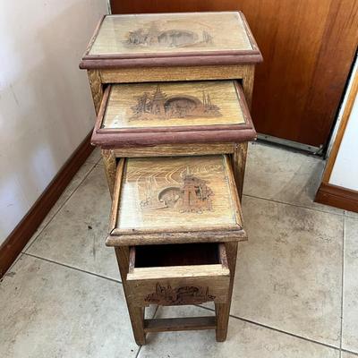 Set Of Vintage Handcarved Wooden Nesting Tables