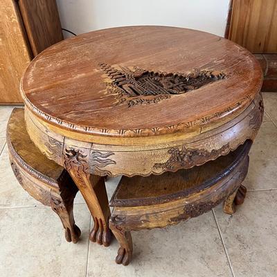 Antique Wooden Handcarved Table With Nesting Stools
