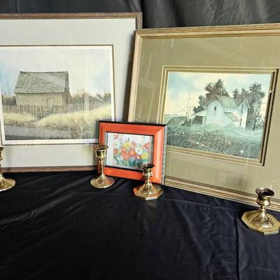 Framed Vintage Prints and Brass Candle Holders Lot