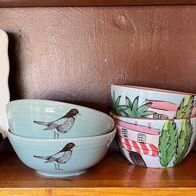 Painted Ceramic Bowl & Plates. Playful Italian Ceramic Bowls & Plates Lot