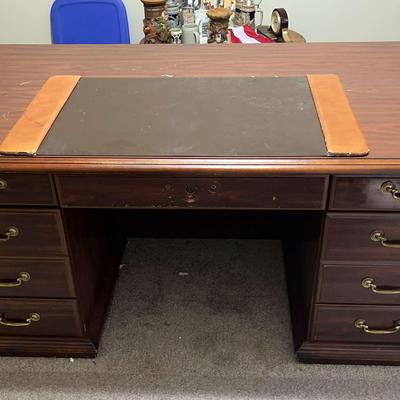Traditional Executive Desk with Leather Inlay and Brass Hardware