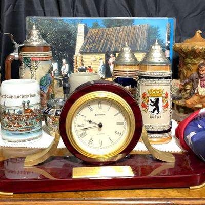 German Beer Stein Collection with Decorative Clock & American Flag