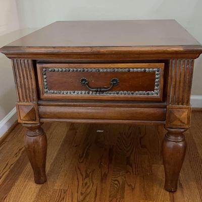 Vintage Wooden End Table with Decorative Drawer Front