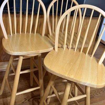 Three Wood Bar Stools with Swiveling Seats