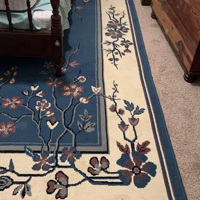 Blue and Ivory Floral Area Rug with Fringe