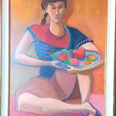 Artwork Depicting Cross Legged Girl With Fruit Bowl