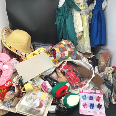 Mystery Lot Of Doll Clothes, Hats, Wigs, Shoes