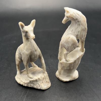 Zuni Native American Hand Carved and Signed Mule Deer Antler Wolf Fetishes By Pernell Laate
