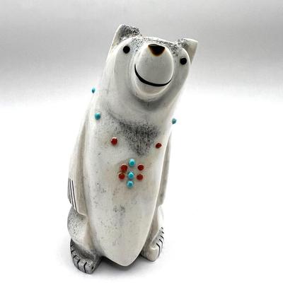 Claudia Pena Carved Antler Bear Carving  With Turquoise And Coral Accents