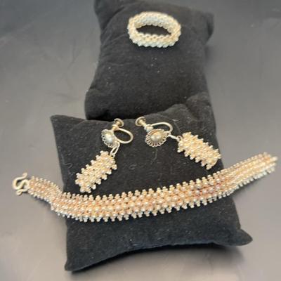 Sterling Silver Beaded Bracelet, Clip Earrings, Ring 26 G Total