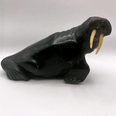 Inuit Signed Oolayou Jonah Soapstone Walrus With Walrus Ivory Tusks