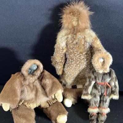 Canadian Inuit Indian Carved Antler and Fur Dolls