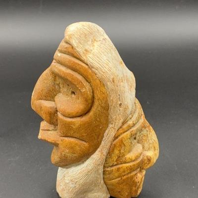 Carved Two Faced Soapstone “Crooked Nose And Blow Mouth”Signed By Cleveland Sandy 