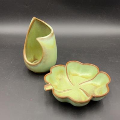 Frankoma Pottery Plainsmen Green Glaze-Vintage Four Leaf Clover Candy/Trinket Dish and Candle Vase