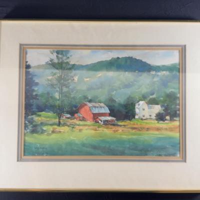 Barn And Farmhouse Watercolor Print Gold Tone Frame In Glass Signed By Will Mardis