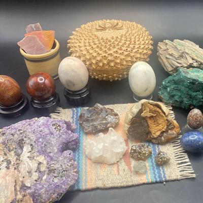 Assortment Of Rocks, Crystals, Polished Stone Eggs, Acorn Basket