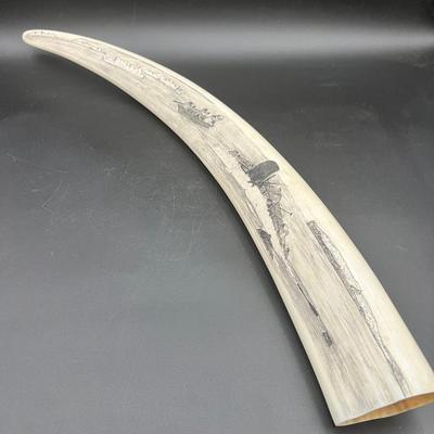 Scrimshaw Ivory Walrus Tusk 31” By Harvey Pootoogooluk