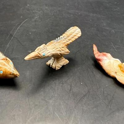 Picasso Marble Roadrunner, Otter w/turquoise eyes and Amber Fish;Zuni Fetish Signed By Ephran Chavez