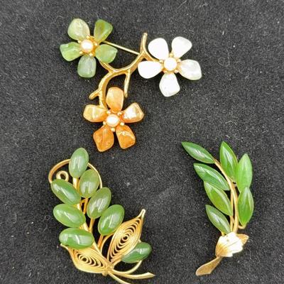 Gold Tone Vintage Brooch (3) With Moss Green Stones